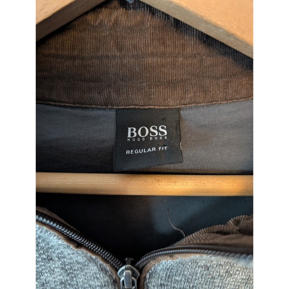 HUGO BOSS Men's Gray Full Zip Jacket Lined Elbow Patch 100% Cotton Designer Med - Picture 3 of 16